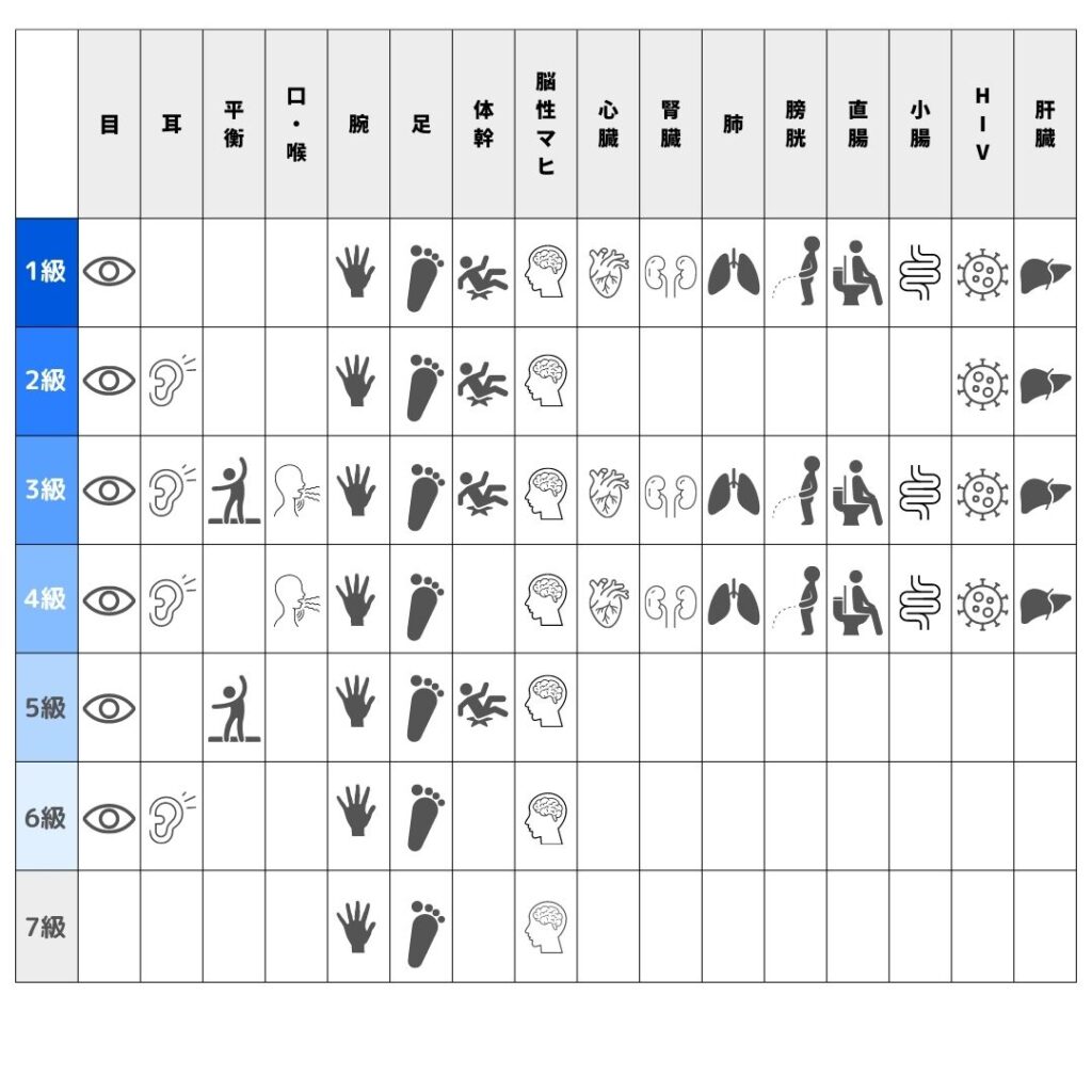身体障害者手帳の等級表